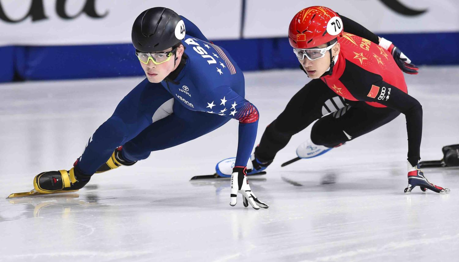 John-Henry Krueger of the US and Hongzhi Xu of China in the World Short Track Speed Skating Championships in Montreal in March (Photo: Minas Panagiotakis via Getty)