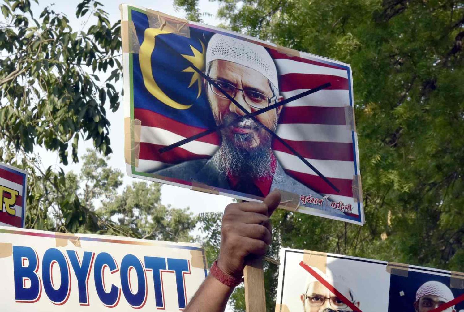 A 2018 protest in New Delhi against Islamic preacher Zakir Naik and the Malaysian government (Photo: Sonu Mehta via Getty)