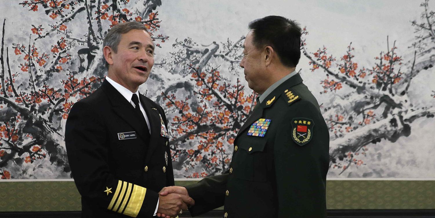 Admiral Harry Harris with vice-chairman of China's Central Military Commission, Fan Changlong, in Beijing (Photo: Andy Wong/Getty)