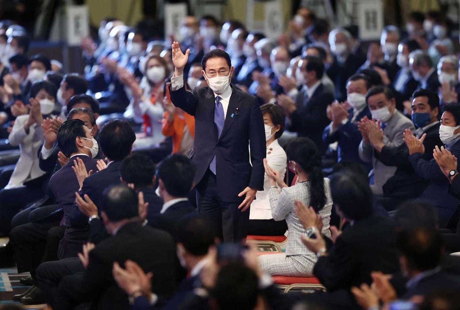 Fumio Kishida after being elected as the new president at the LDP election in Tokyo, 29 September 2021 (STR/Jiji Press/AFP via Getty Images)