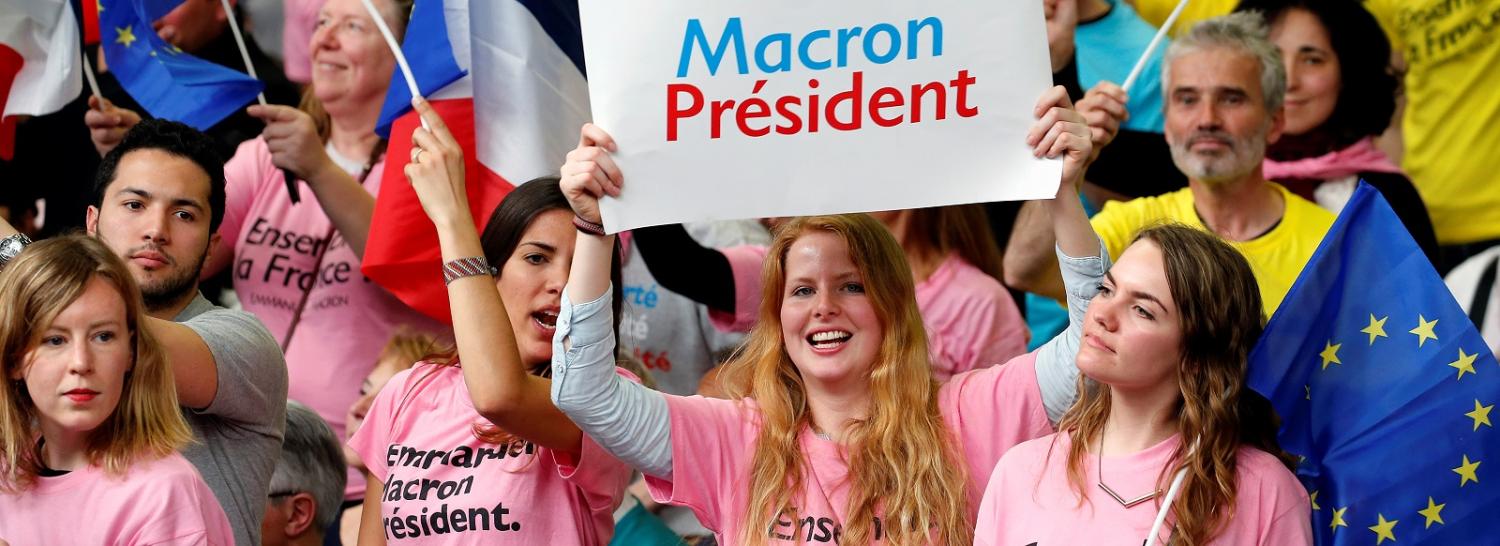  Emmanuel Macron supporters at a campaign rally in Paris on Monday. (Photo by Chesnot/Getty Images)