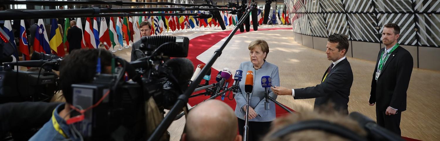 Angela Merkel speaks to the media ahead of an EU Council meeting in Brussels in April. (Photo: Dan Kitwood/Getty Images)