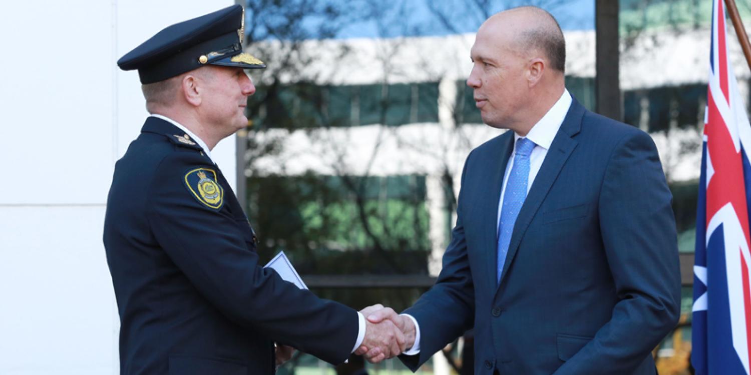 Home Affairs Minister Petter Dutton at the swearing in of Michael Outram as Commissioner of the Australian Border Force in May 2018. (Wikipedia)