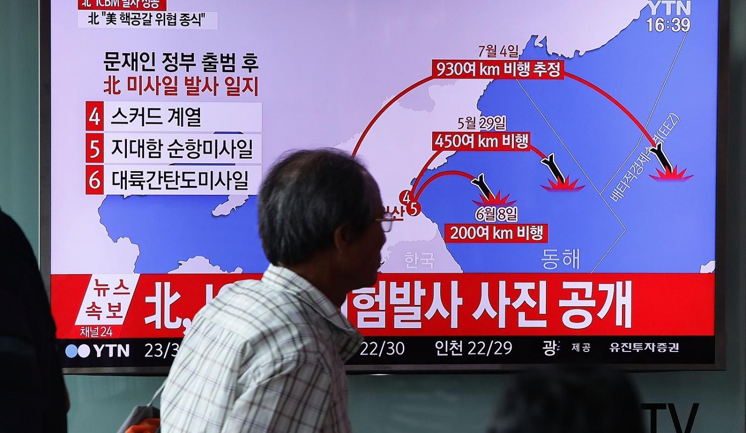 A South Korean television report on North Korea's July missile launch into Japanese waters (Photo: Chung Sung-Jun/Getty Images)