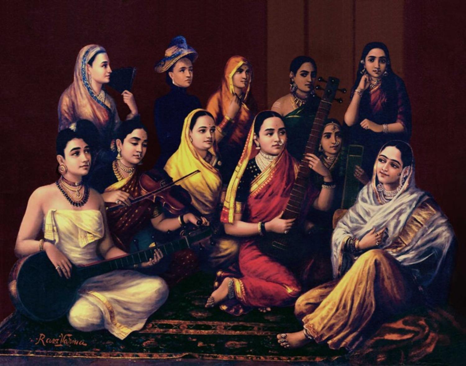 Galaxy of Musicians, by Raja Ravi Varma 1889, depicting modes of women’s dress from around India at the time. A Muslim courtesan, possibly from Lucknow, is shown seated and her hair partially covered by a gauzy white shawl, front right (Wikimedia Commons)