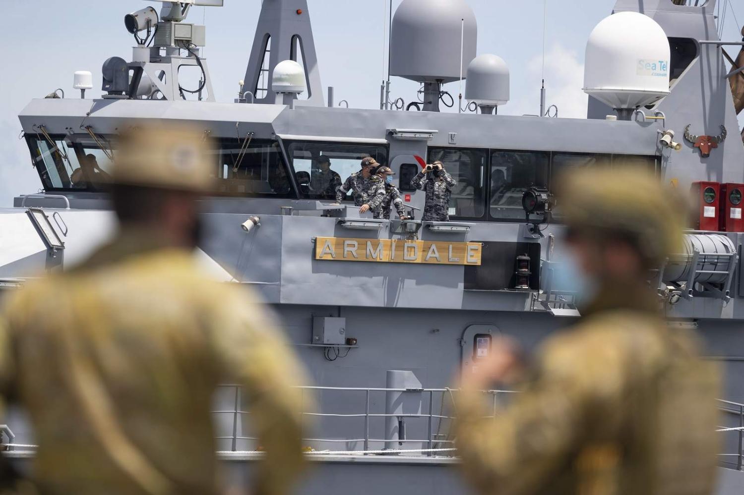 HMAS Armidale in the Port of Honiara on 1 December 2021 after deadly protests in November (Brandon Grey/Australian Department of Defence via Getty Images)