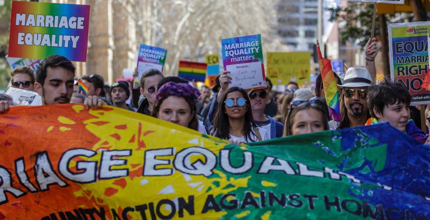 Protestors march through the Sydney CBD for Gay Rights on 6 August. (Photo: Brook Mitchell/Getty Images)