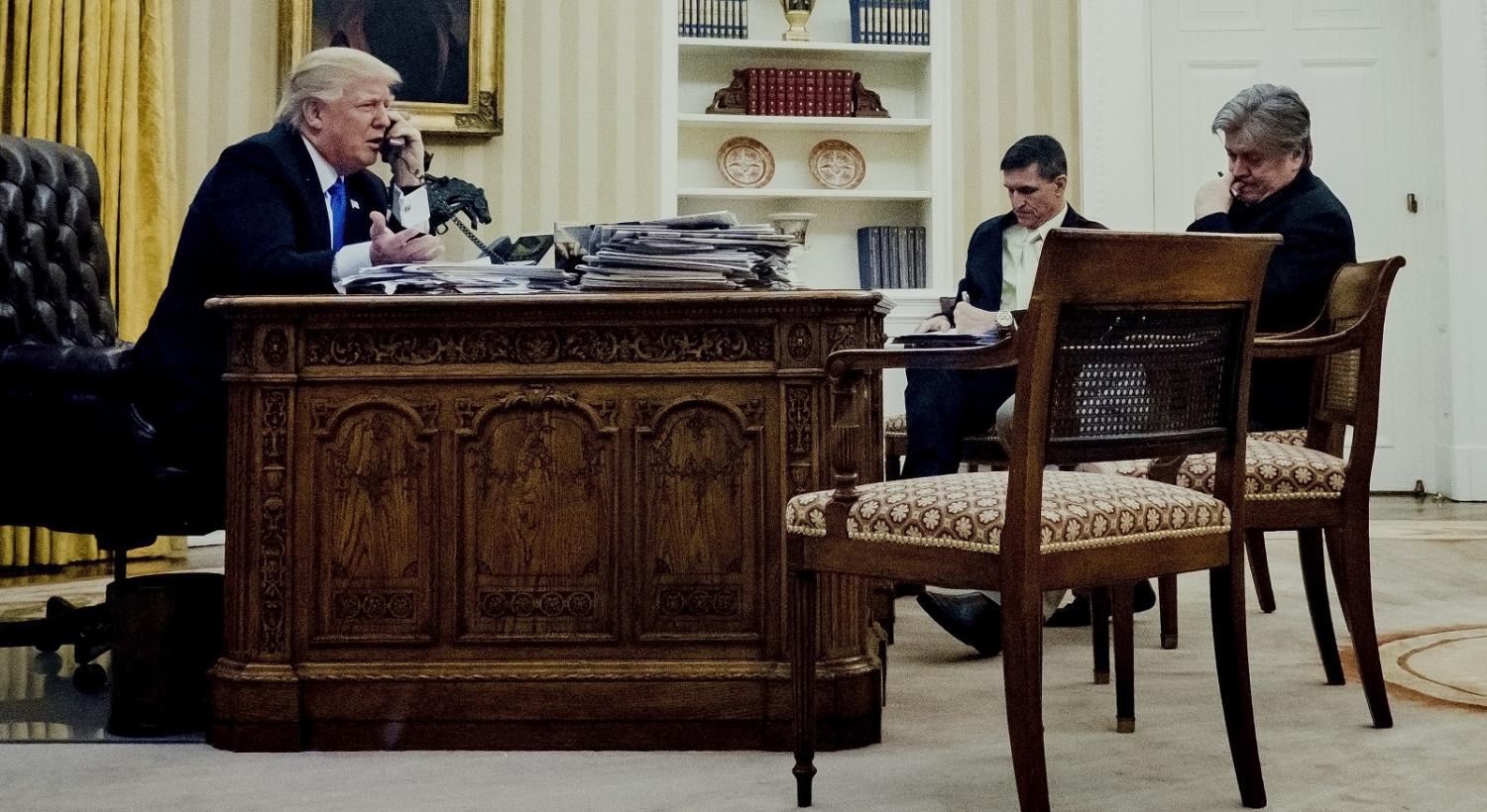 US President Donald Trump on the phone with Malcolm Turnbull on 28 January. (Photo: Pete Marovich/Getty Images)