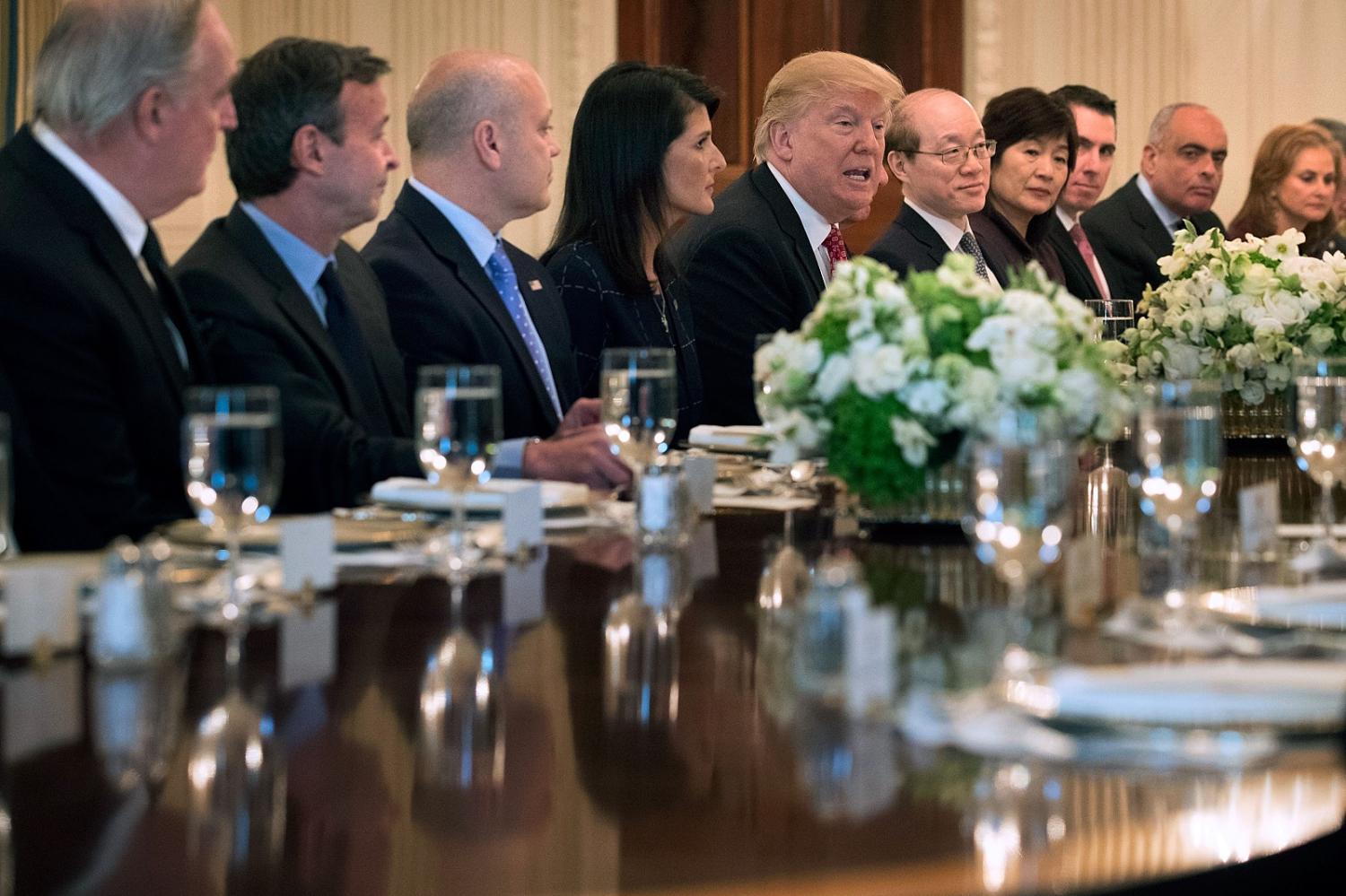President Trump with the US Ambassador to the UN Nikki Haley and other UN Security Council members at the White House in April (Photo: Chip Somodevilla/Getty Images