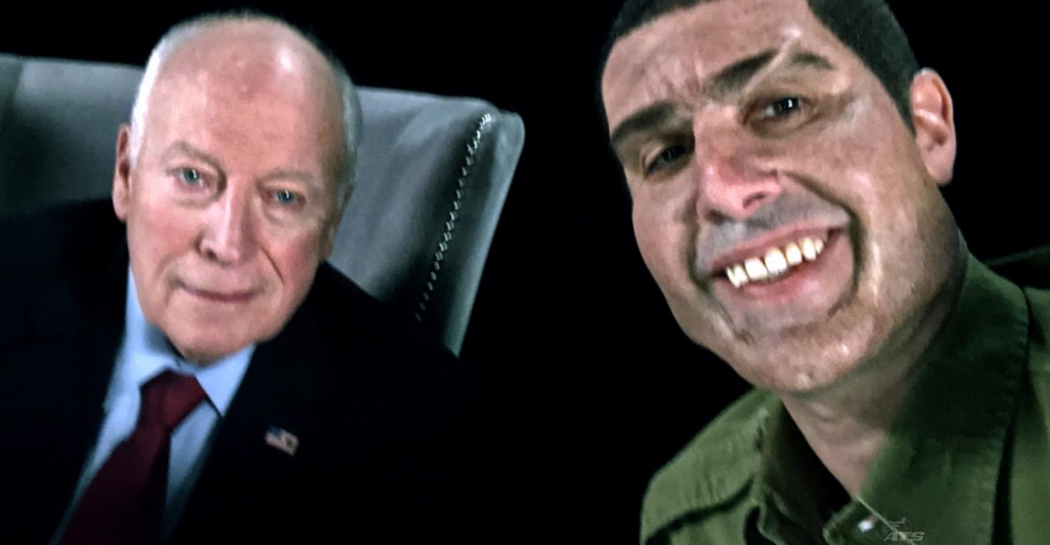 Former US vice president Dick Cheney with “Colonel Erran Morad”, comedian Sacha Baron Cohen’s Israeli anti-terror expert alter ego  (Photo: Stan)