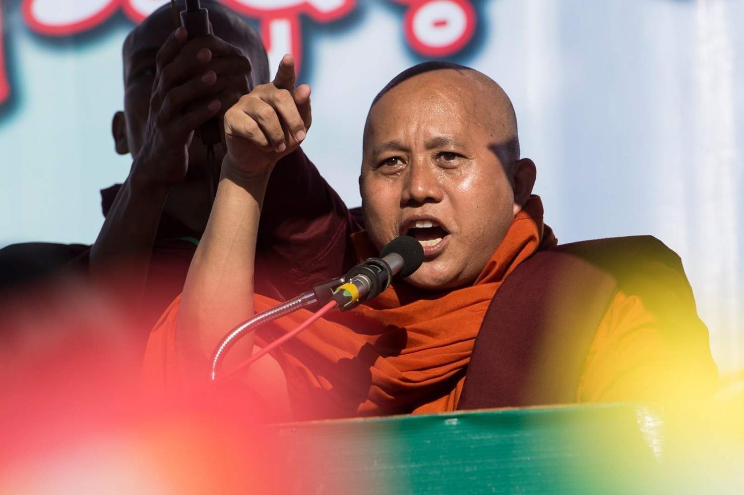 Buddhist monk Wirathu delivers a speech during a rally in support of Myanmar's military in Yangon, October 2018 (Ye Aung Thu/AFP via Getty Images)
