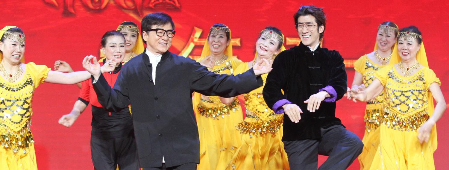 Kung-Fu Yoga actors Jackie Chan and Aarif Lee at a Beijing press conference, January 2017 (Photo: Getty Images/VCG)