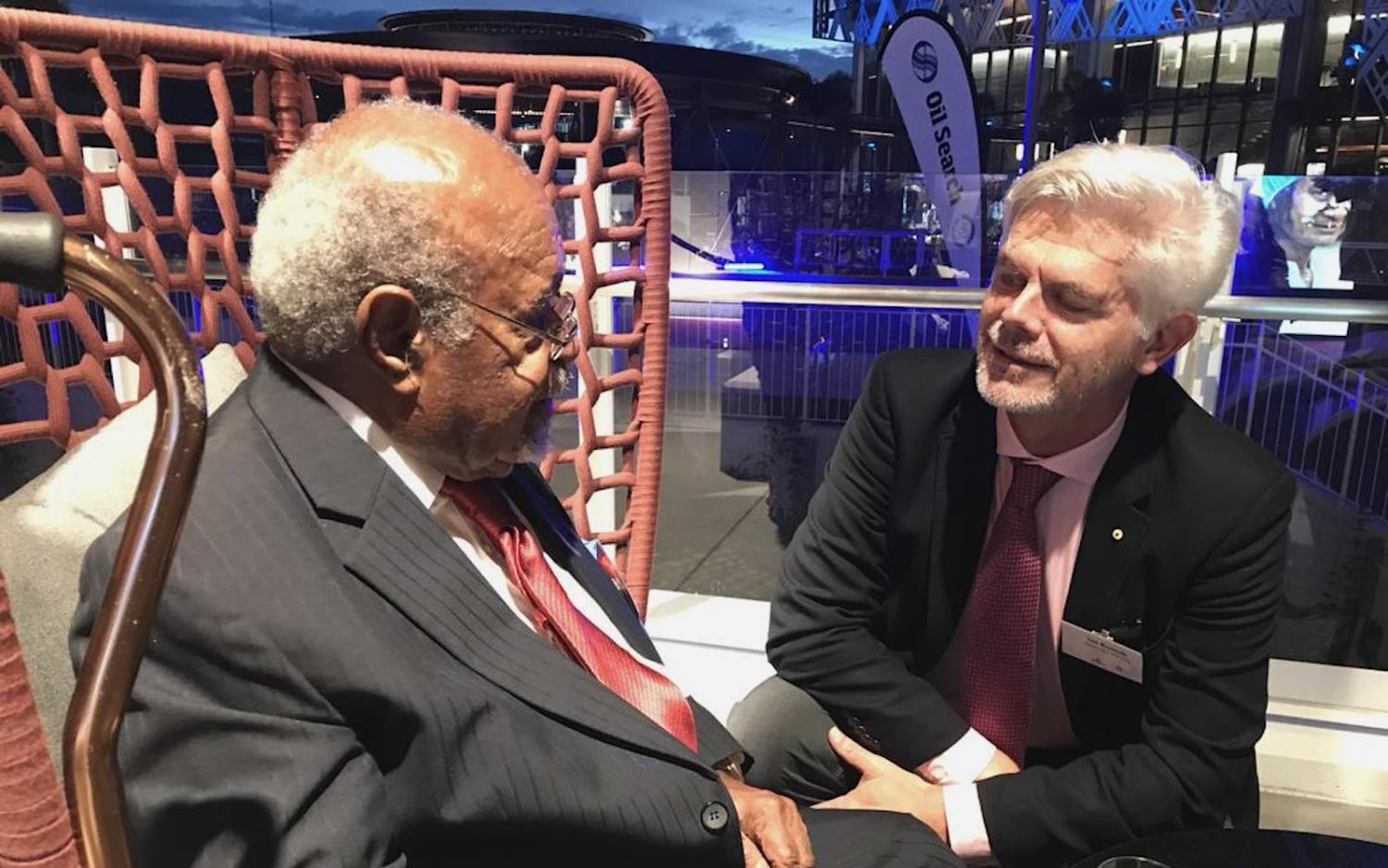 Sir Michael Somare (left) and Ian Kemish in Port Moresby, 2019 (Author provided)