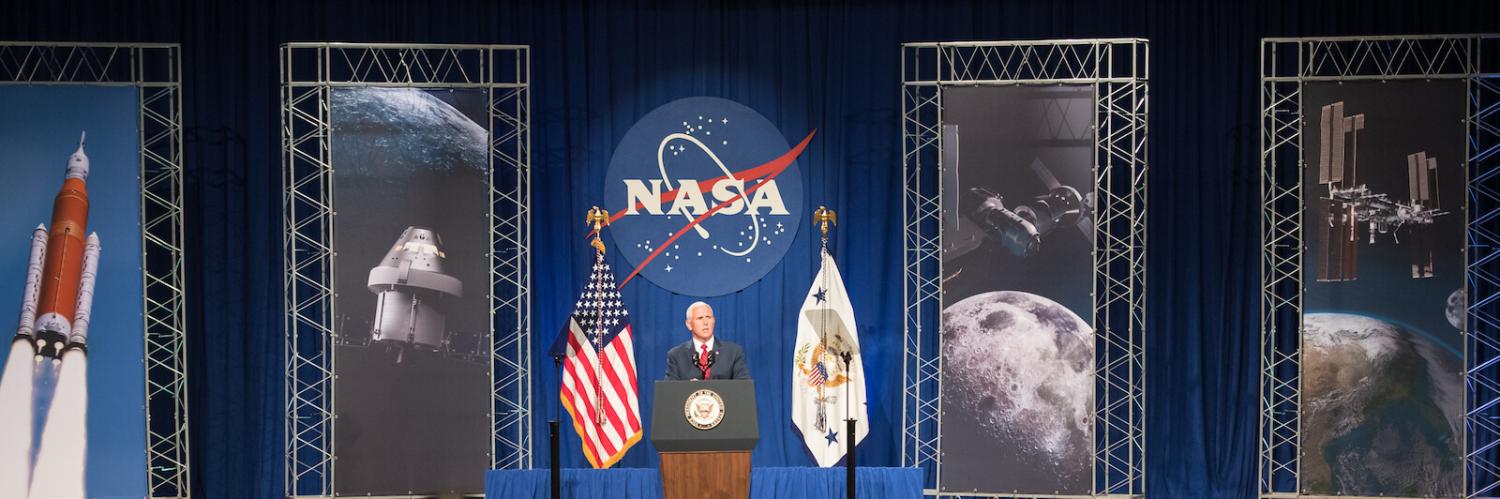 Vice President Mike Pence speaks at NASA's Johnson Space Center in Houston, Texas (Photo: NASA/Joel Kowsky)