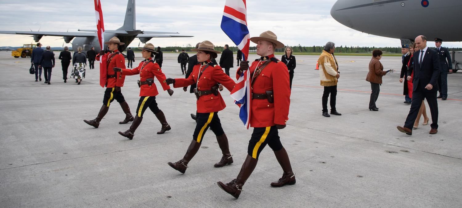 Canadian mounted police carry the Union and Canadian flags ahead of the G7 Summit in Saguenay, Canada (Photo: Leon Neal/Getty)