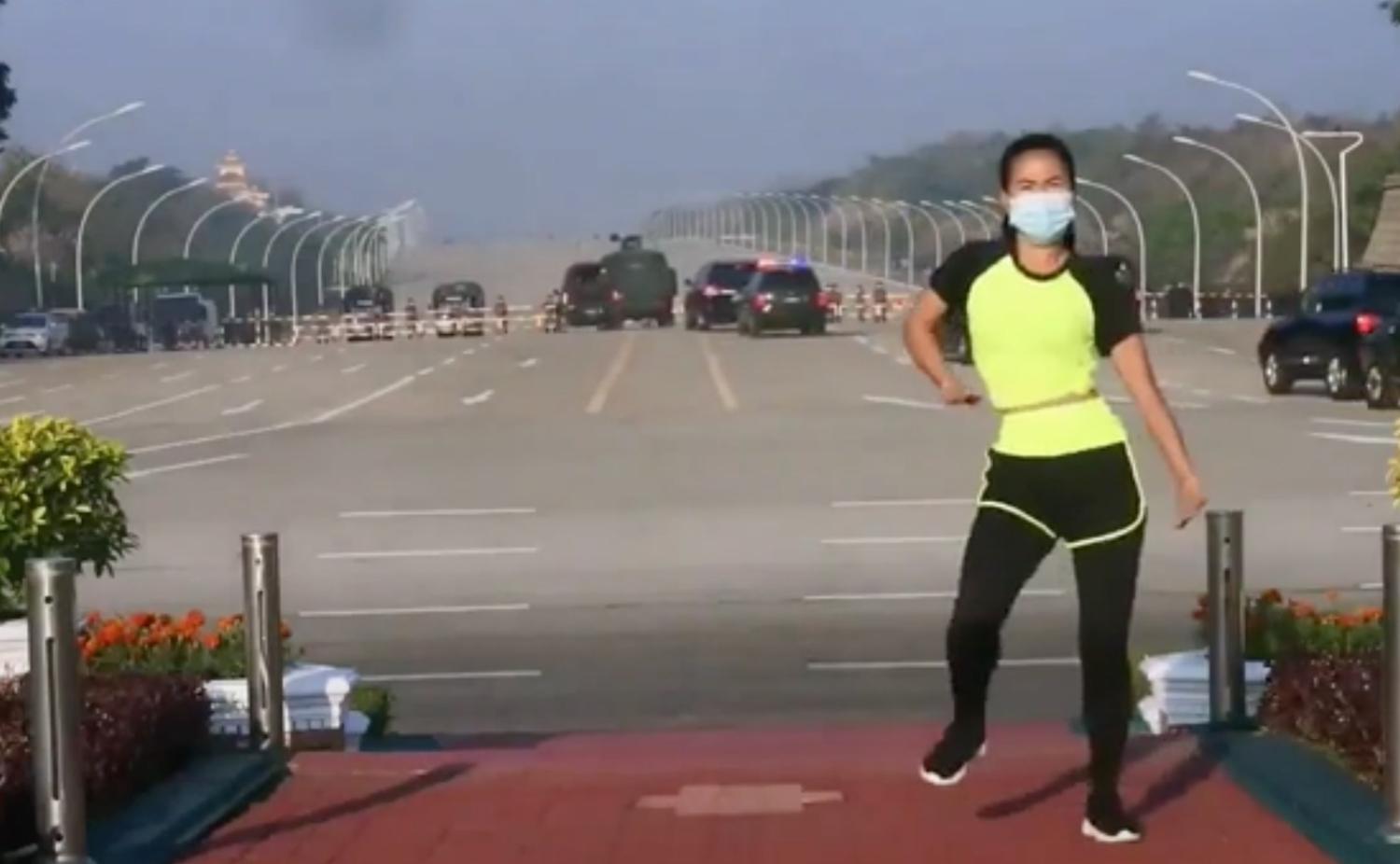 A screenshot of Khing Hnin Wai’s exercise video, apparently capturing the moment of the coup in Myanmar.