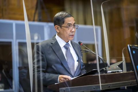 Ko Ko Hlaing, Minister of International Cooperation in Myanmar’s junta, appearing before the ICJ on Monday (Frank van Beek/UN Photo/ICJ-CIJ)