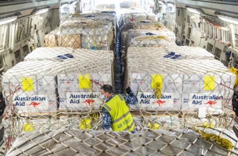 Humanitarian aid bound for Fiji being loaded on an RAAF aircraft, near Ipswich in Queensland, December 2020 (Department of Defence)