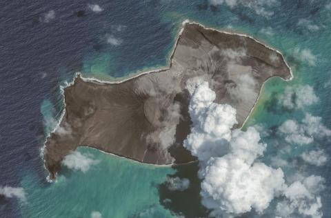 Maxar overview satellite imagery shows the Hunga Tonga-Hunga Ha'apai volcano on 6 January, before eruption on 14 January 2022 (Maxar via Getty Images)