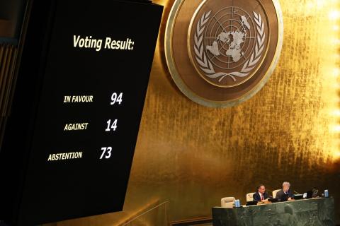 A tally of international votes is displayed in the General Assembly Hall at United Nations Headquarters in New York following a vote on a Ukraine reparations resolution (Michael M. Santiago/Getty Images)