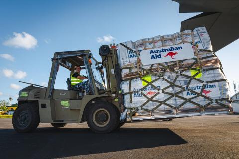 Aid supplies are unloaded at Port Vila Airport, Vanuatu following Tropical Cyclone Lola (Adam Abela/Defence Department)