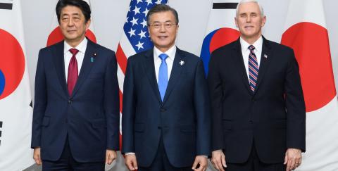 Japan’s Shinzo Abe and South Korea’s Moon Jae-in with US Vice President Mike Pence at the Winter Olympics (Photo: Republic of Korea/Flickr)