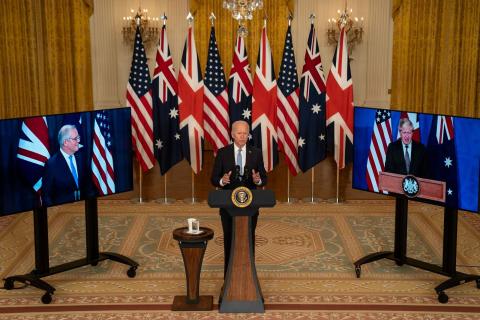 President Joe Biden and Prime Ministers Scott Morrison and Boris Johnson announce the AUKUS alliance, Washington, DC, 15 September 2021 (Kent Nishimura/Los Angeles Times via Getty Images)