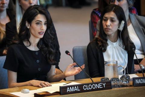 Human rights lawyer Amal Clooney (L) and Iraqi human rights activist Nadia Murad Basee Taha during the UN Security Council meeting in New York.