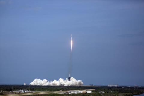 The SpaceX Falcon 9 rocket launches into space with NASA astronauts Bob Behnken and Doug Hurley aboard (Saul Martinez/Getty Images)