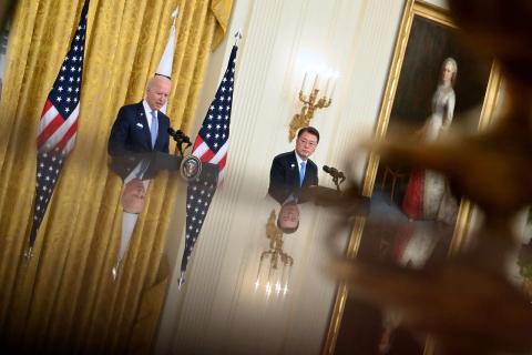 US President Joe Biden and South Korean President Moon Jae-in at the White House on 21 May (Brendan Smialowski/AFP via Getty Images)