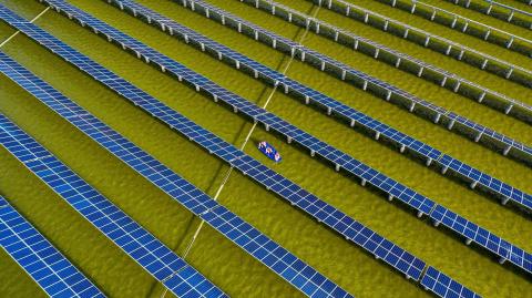 Electrical workers in Hai’an, China, check panels at a photovoltaic power station built in a fishpond, 19 July 2021 (STR/AFP via Getty Images)